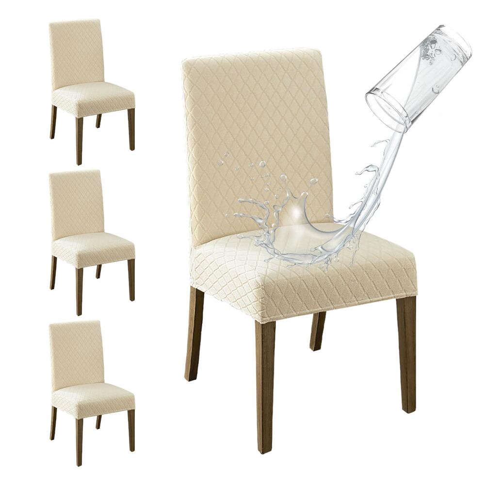 Set of 4, Waterproof Dining Room Chair Covers, Stretch Jacquard (Light Beige)